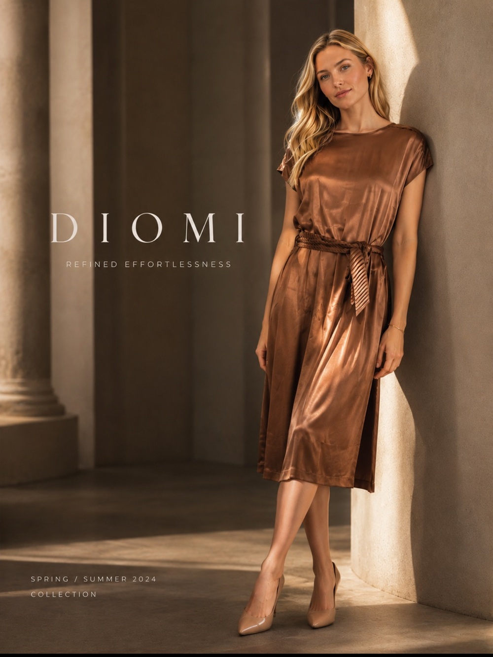 Diomi silk Copper-Brown Satin Midi Dress with Braided Belt